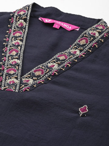 Varanga Women Navy Blue Beads, Zari And Thread Embroidered Kurta With Bottom And Dupatta